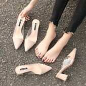 外穿女夏凉拖小码 G33透明半拖粗跟大码 31网红尖头高跟拖鞋