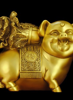 猪摆件纯铜金猪背白菜招财猪西北缺角生肖亥猪汽车装饰品客厅装饰