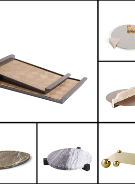 侘寂风简约大理石托盘摆件酒店民宿样板间桌面装饰皮革摆设