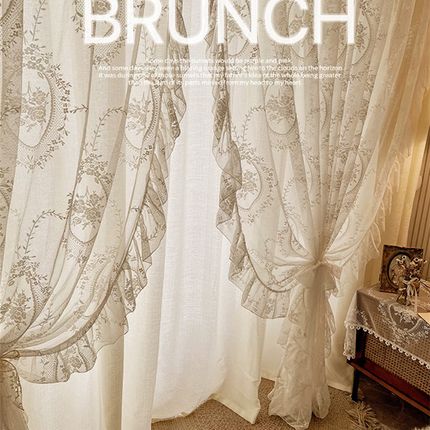 法式蕾丝洛可可奶油色双层纱帘透光不透人半遮光梦幻窗纱飘窗窗帘