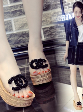 包邮2021新款简约坡跟厚底一字B拖松糕跟拖鞋女夏高跟百搭时尚凉