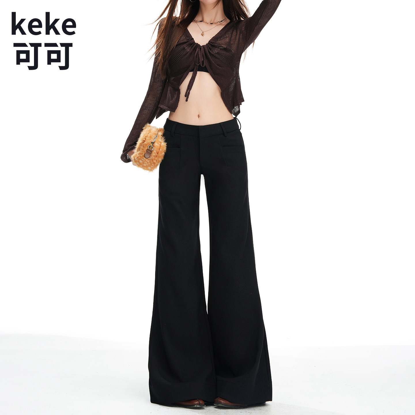 黑色低腰微喇显瘦垂感休闲裤