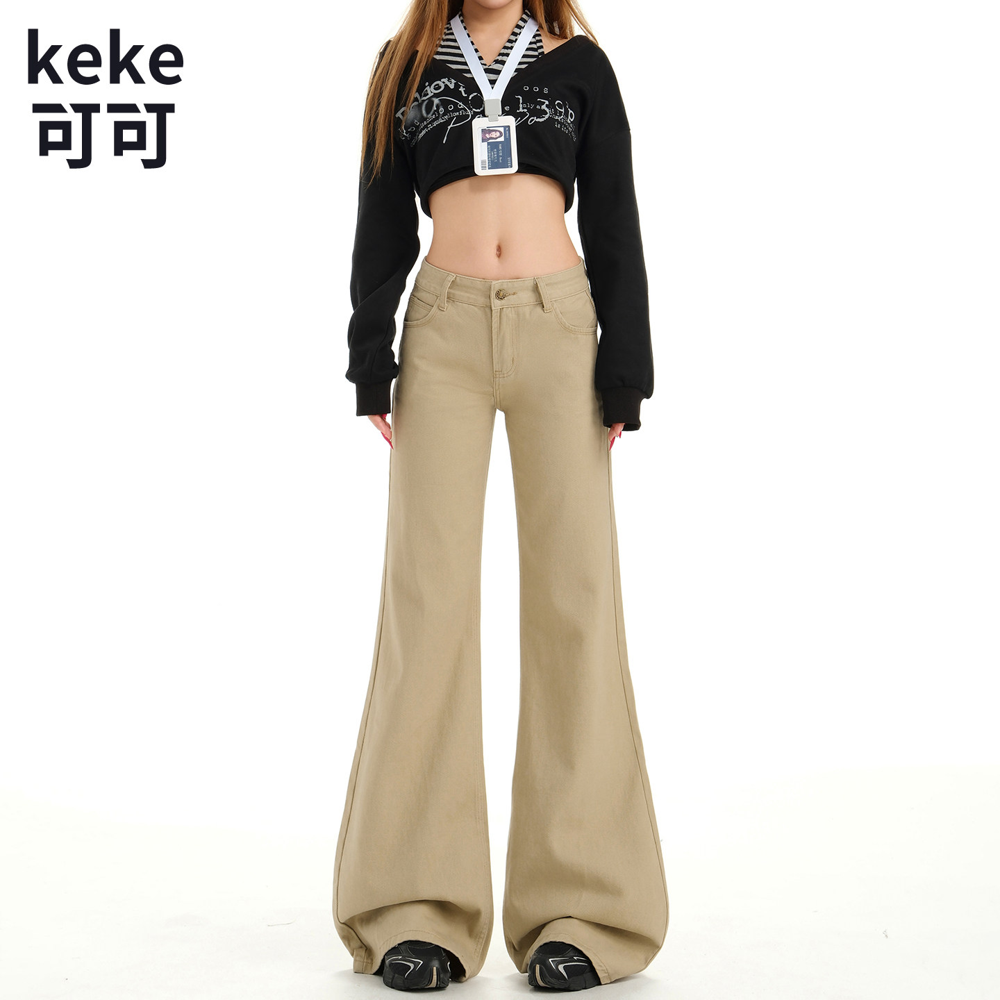 卡其美式低腰加绒显瘦微喇牛仔裤