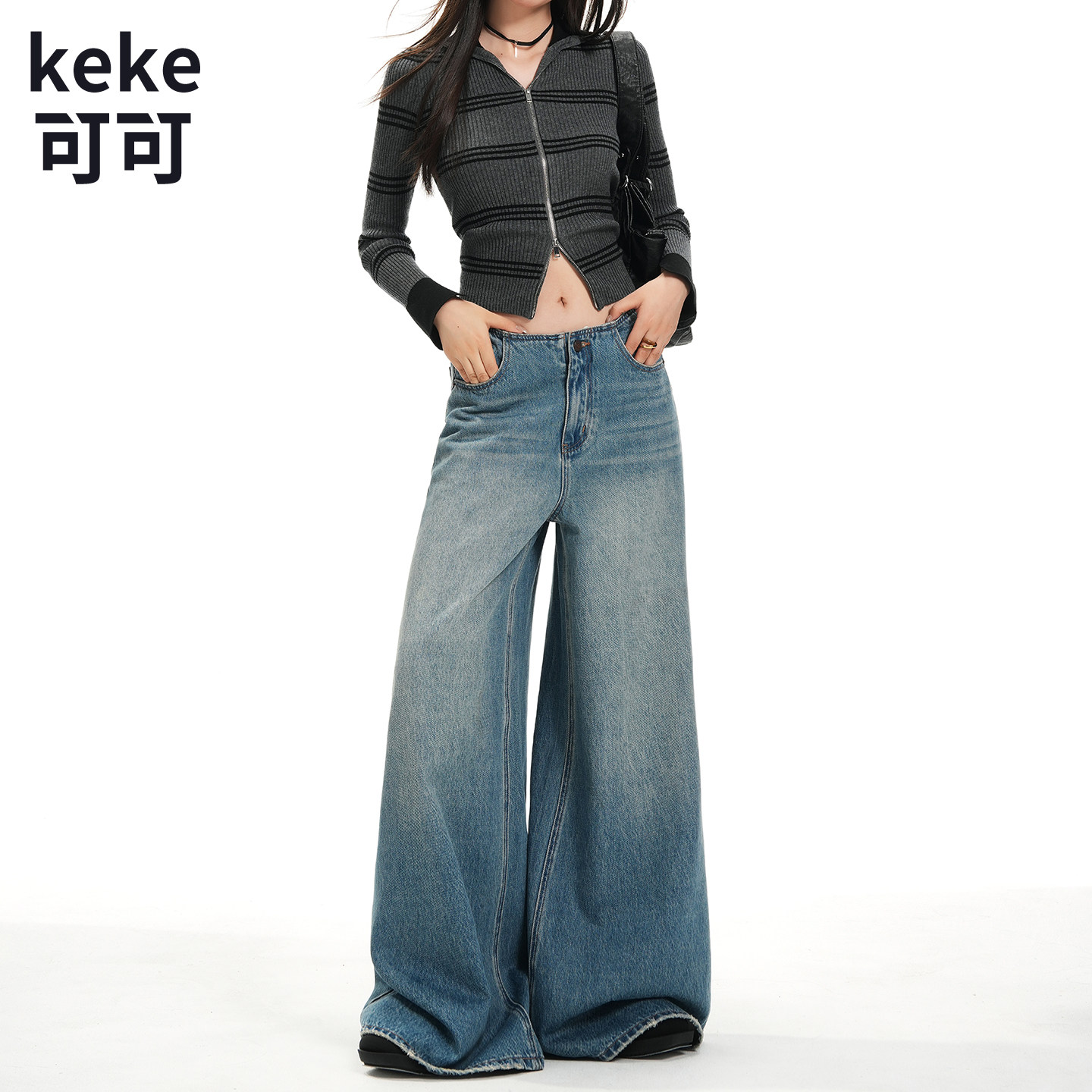 美式复古低腰阔腿拖地牛仔裤显瘦