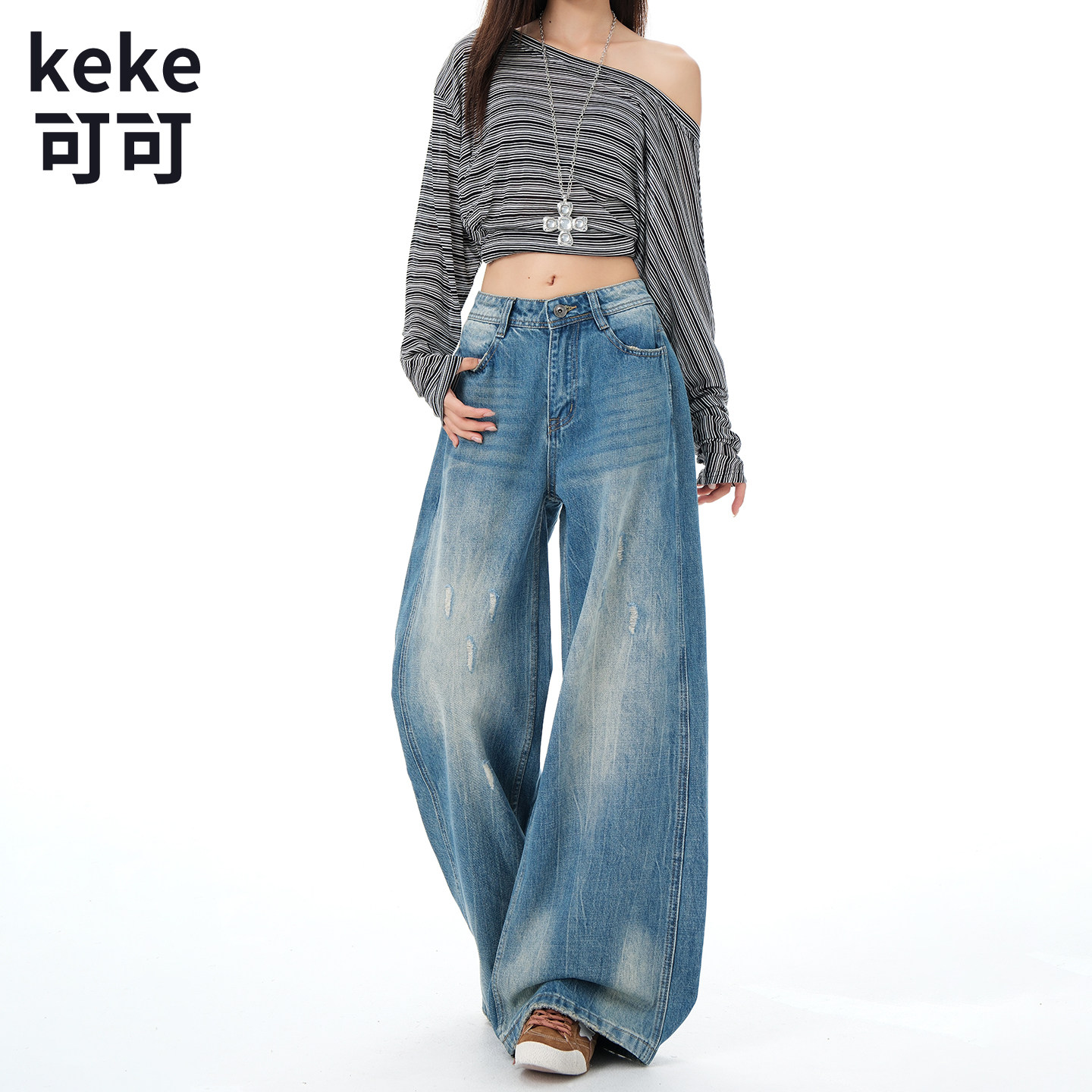 美式复古宽松显瘦拖地牛仔裤女