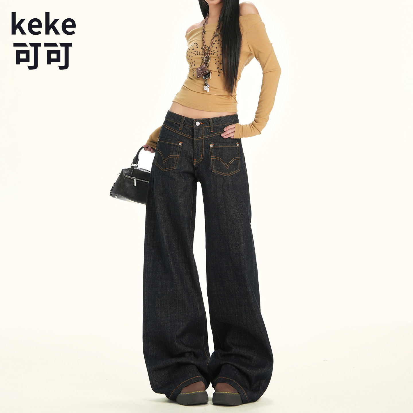 美式复古原牛撞色缝线低腰直筒阔腿牛仔裤女宽松休闲设计感拖地裤