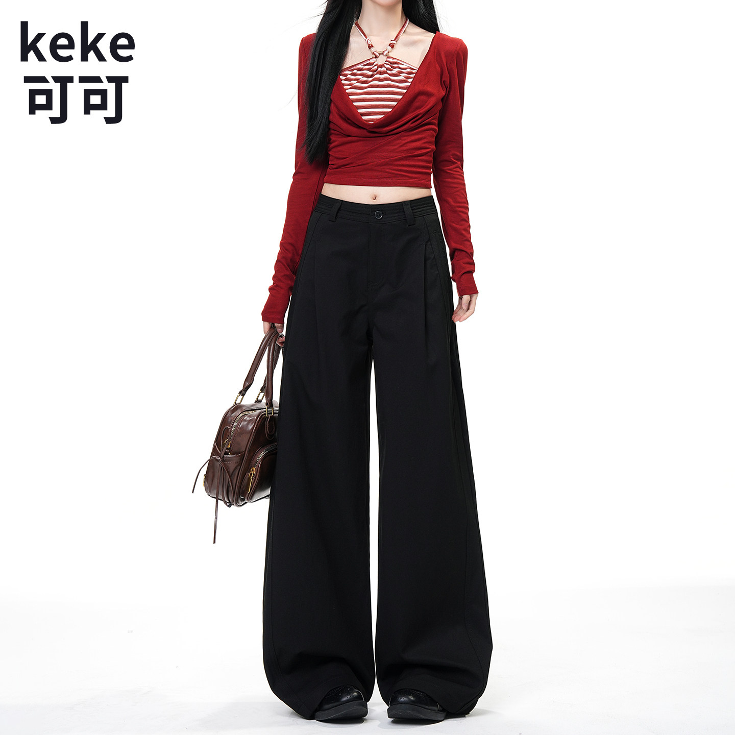 黑色高腰直筒显瘦遮胯女休闲裤