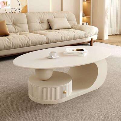 岩板奶油风茶几客厅家用轻奢意式椭圆形茶台小户型简约桌边几组合