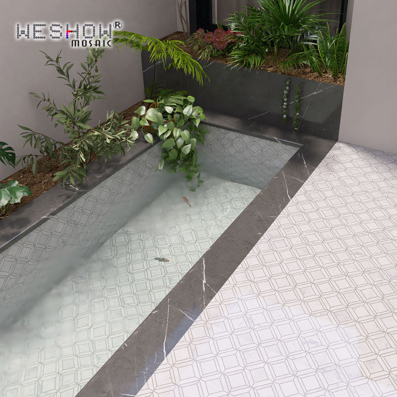 热销水池花台马赛克瓷砖白色防滑大理石石材背景墙鱼池花坛卫生间