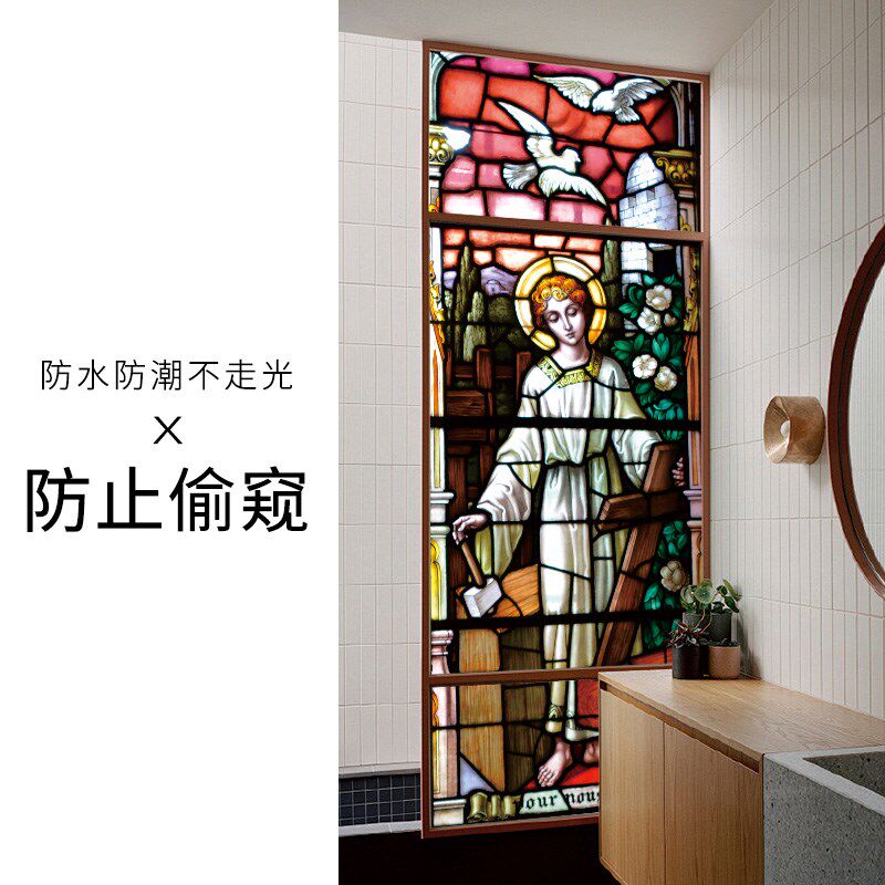 热销欧式彩色玻璃贴纸教堂复古窗户贴膜浴室阳台透光不透明窗花纸