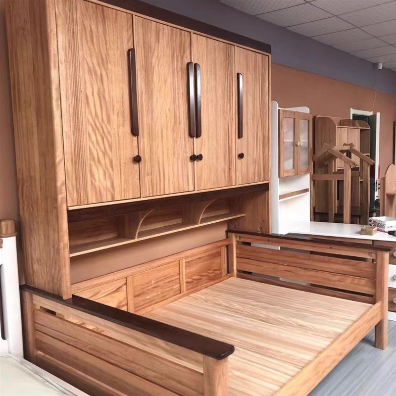 热销全实木儿童衣柜床木蜡油衣柜一体组合床红檀木多功能书架床储