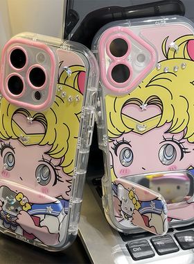 美少女钻贴镜子支架新款适用苹果16Pro手机壳iPhone14max小米15华为mate70pura80k60nova13reno12荣耀100s30