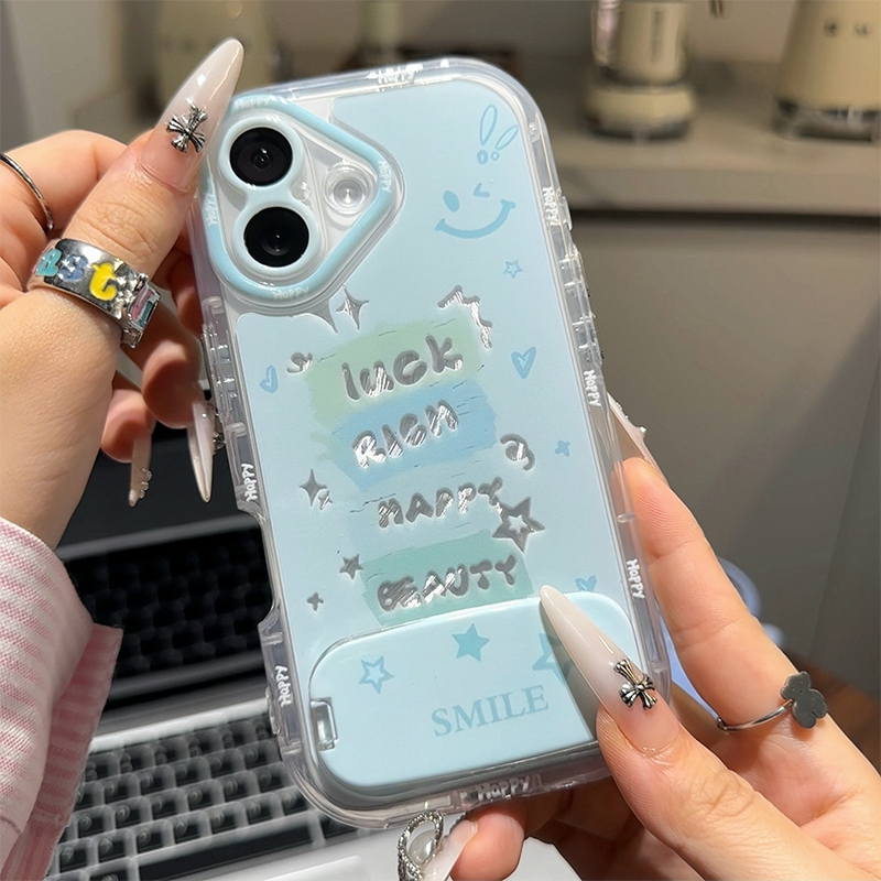 曼波绿英文笑脸支架新款适用苹果16Pro手机壳iPhone15max小米14华为mate70pura80k60nova12荣耀100oppoReno13