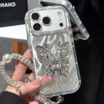 银色蝴蝶支架手链新款适用苹果17Promax手机壳iPhone16pro小米15华为mate80pura70k90nova14荣耀500vivox300
