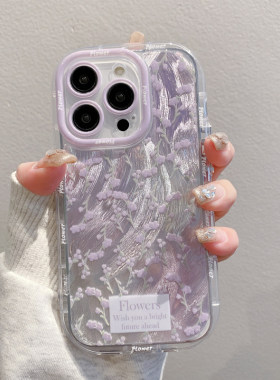 紫色花枝羽纱泡芙新款适用苹果15Pro手机壳iPhone16max小米15华为mate70K60荣耀x200p50opporeno13findx7s20