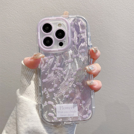 紫色花枝羽纱泡芙新款适用苹果15Pro手机壳iPhone16max小米15华为mate70K60荣耀x200p50opporeno13findx7s20