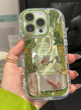 森系蝴蝶小鸟镜子支架适用苹果16Promax手机壳iPhone17Pro小米15华为mate70pura80荣耀200K60Reno13nova14S30