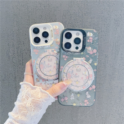 花朵兔子新款彩银支架适用苹果16pro手机壳iPhone17max小米15华为mate70pura80vivox200k60荣耀100nova14s19