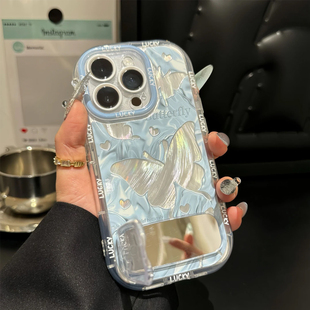 蓝色羽纱蝴蝶镜面支架适用苹果15Pro手机壳iPhone16max小米14华为mate60p70Reno12note11nova13荣耀200k50s19