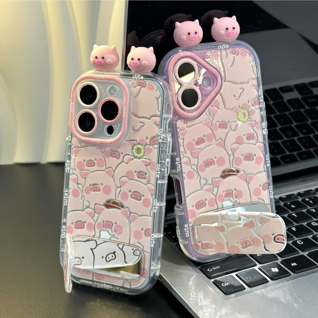 可爱立体小猪支架新款适用苹果16Pro手机壳Phone15max12小米14华为Mate70pura80k60荣耀300nova13vivox200s19