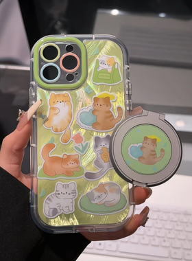 绿色系猫咪支架新款适用苹果16Promax手机壳iPhone15Pro小米14华为mate70p60vivox200荣耀300k80reno12note13