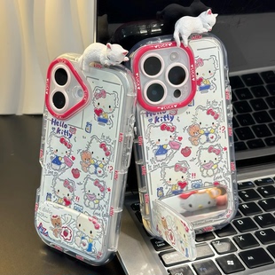 适用苹果16pro手机壳iPhone15max华为mate70pura80k60小米14荣耀200vivox100nova13s20 趴趴KT猫镜子支架新款