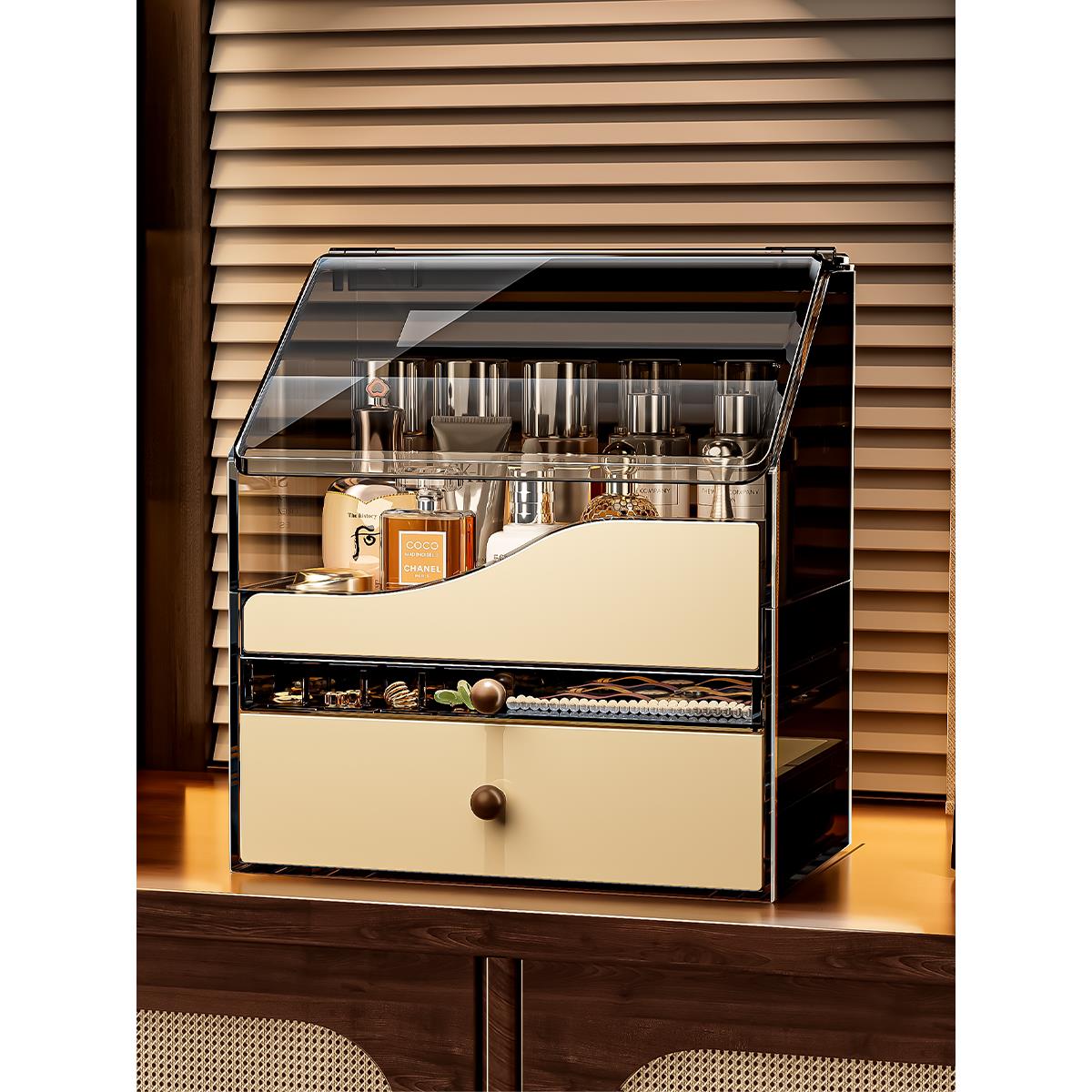 中古风化妆品收纳盒桌面高级感亚克力带盖防尘梳妆台护肤品置物架