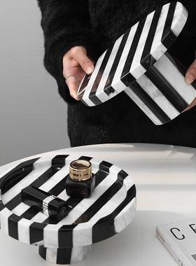 栖石 现代简约黑白条纹大理石果盘托盘装饰摆件软装样板间花器