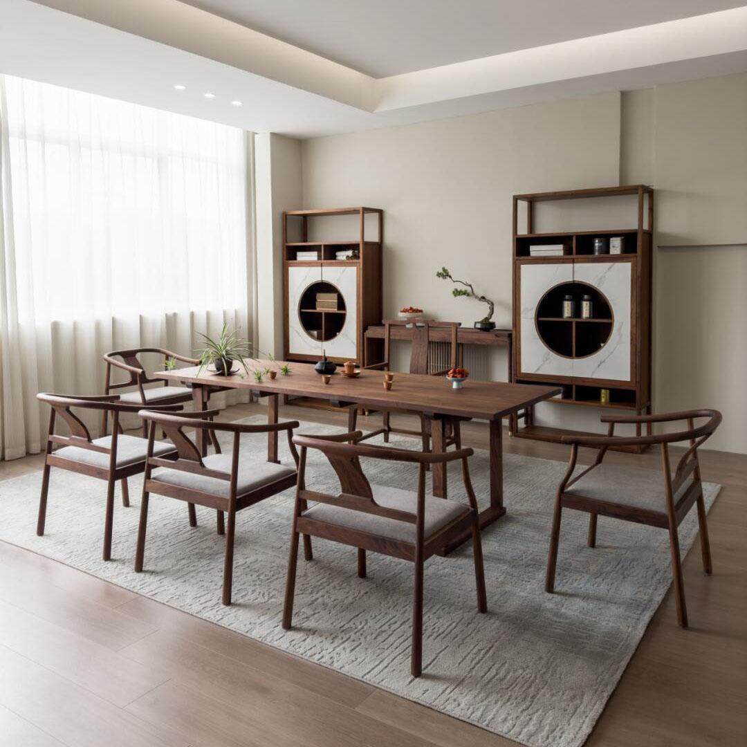 新中式茶桌椅组合高端简约泡茶桌轻奢现代高级感实木茶台黑胡桃木