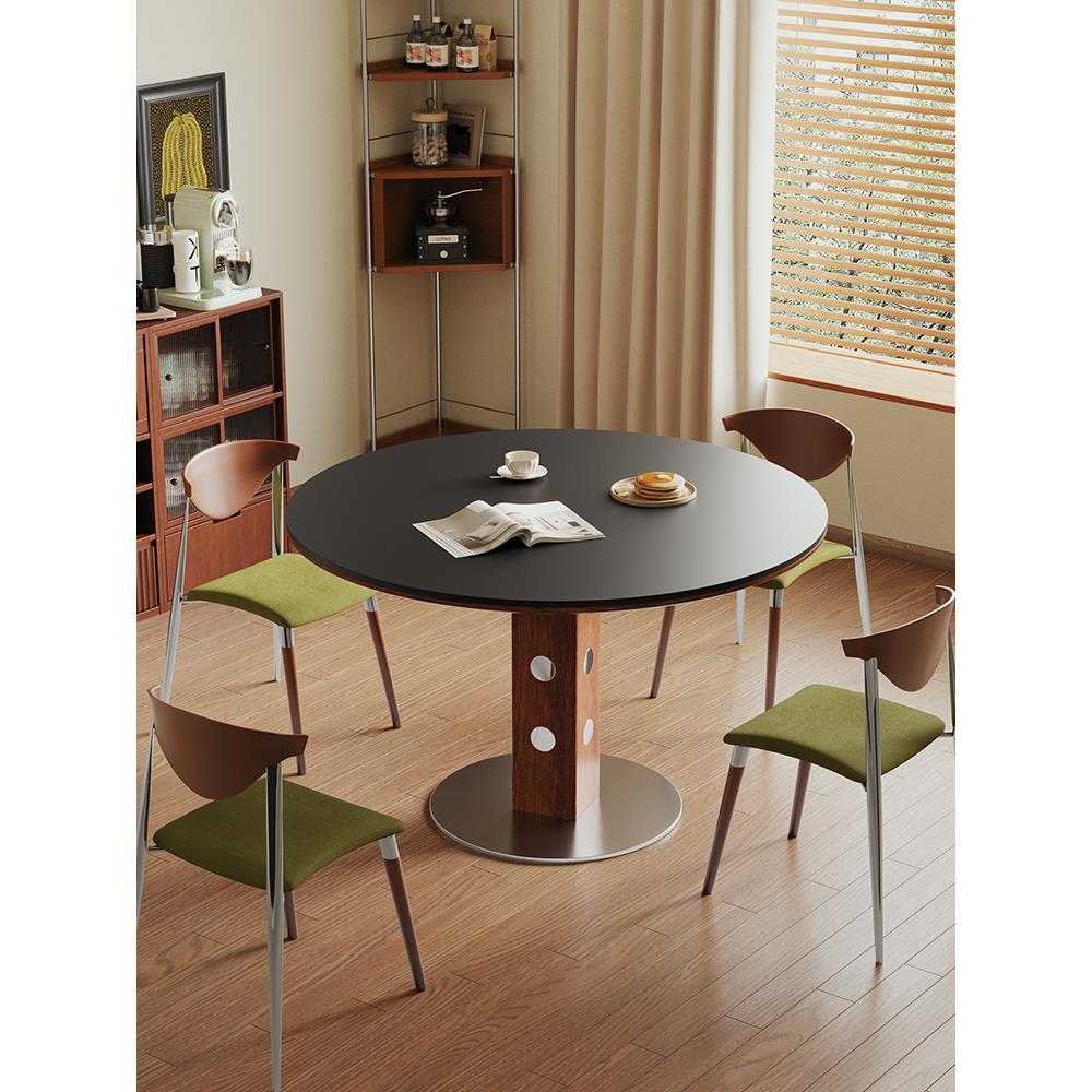 依诺岩板餐桌家用覆古小户型全托底板包豪斯实木中古风伯格圆桌