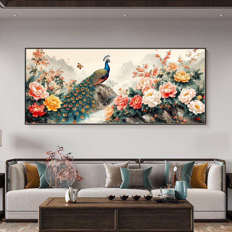 中式牡丹花客厅装饰画 画大白墙沙发背景孔雀画 画花开 富贵横版