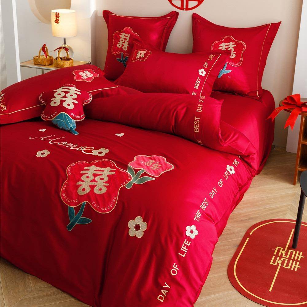 庆漫婚长绒浪棉婚四件套喜乐刺绣大红被套结喜ZBX褥床上用品