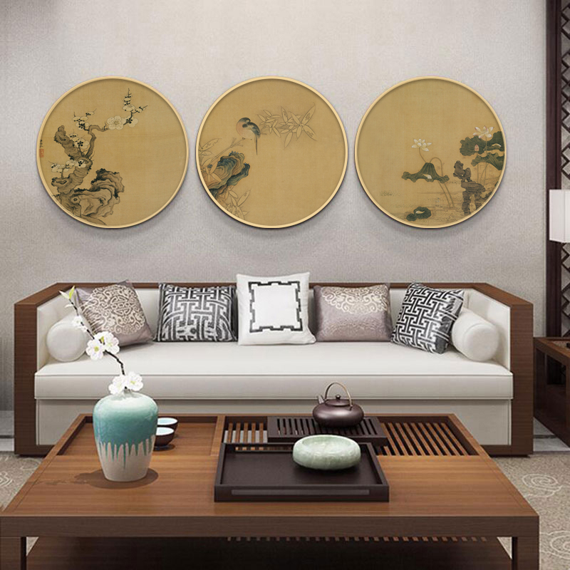 实木新中式圆形挂画客厅背景墙壁画餐厅玄关复古花鸟装饰画中国风图片