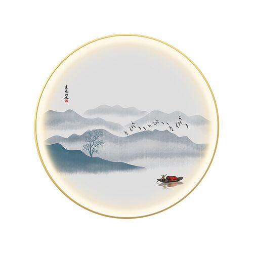 网红新中式圆形玄关装饰画入户茶室客厅带灯挂画进门山水画发光壁