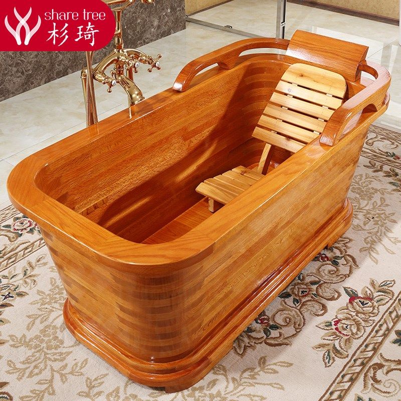 杉琦红橡木加厚泡澡木桶洗澡桶二代无箍成人沐浴盆家用木桶浴缸