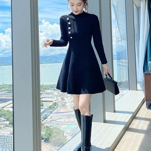 针织连衣裙小个子冬季打底秋冬2024年新款内搭中长款黑色毛衣裙子