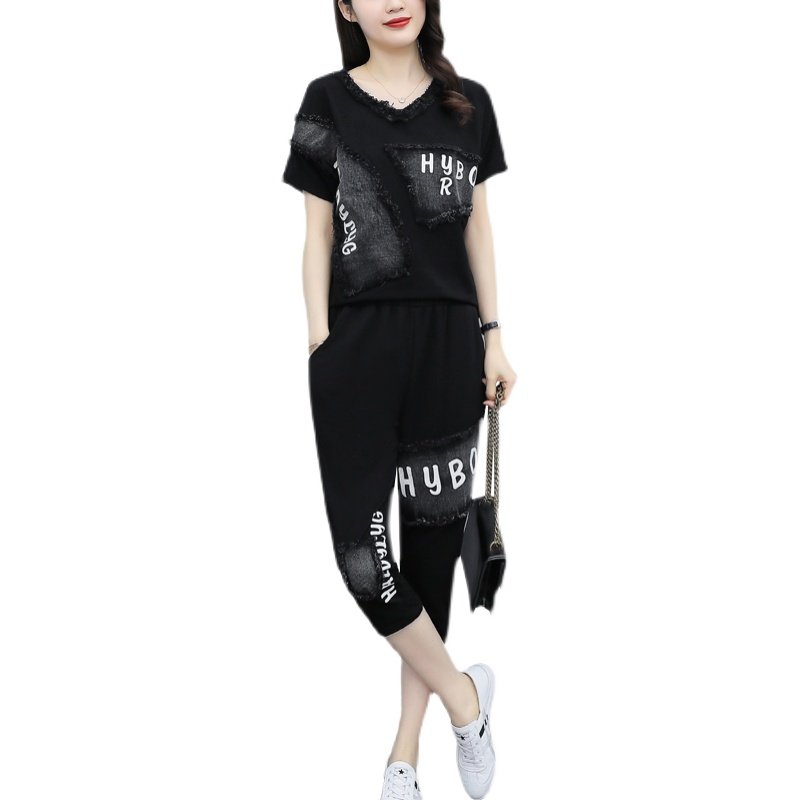 时尚套装2022年夏季新款大码女装拼接牛仔休闲短袖+裤子两件套女