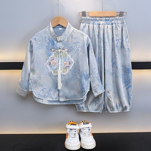 儿童高货唐装汉服长袖裤子两件套装男童春秋贵气少爷汉服绸缎国风