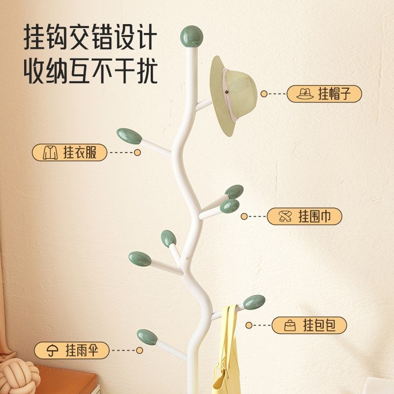 家用衣帽架卧室落地挂衣架子可移动收纳篮脏衣篓床边立式树杈入户