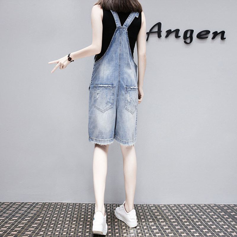 牛仔背带裤女2023夏季薄款破洞高腰显瘦直筒港味小个子五分短裤子