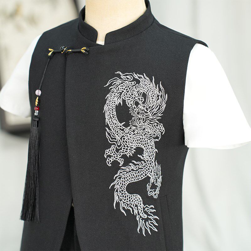 儿童西装套装2024新款夏季主持人礼服男童中式黑色钢琴演出服生日