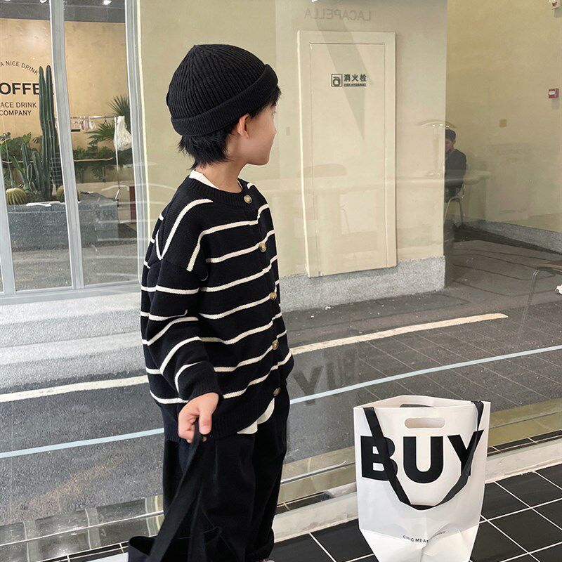 男童毛衣儿童外套春秋款2023新款男孩条纹针织开衫秋款男宝宝秋装