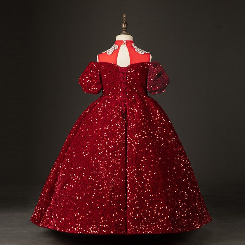 儿童礼服公主裙女童高端红色亮片年会主持晚礼服小女孩舞台演出服