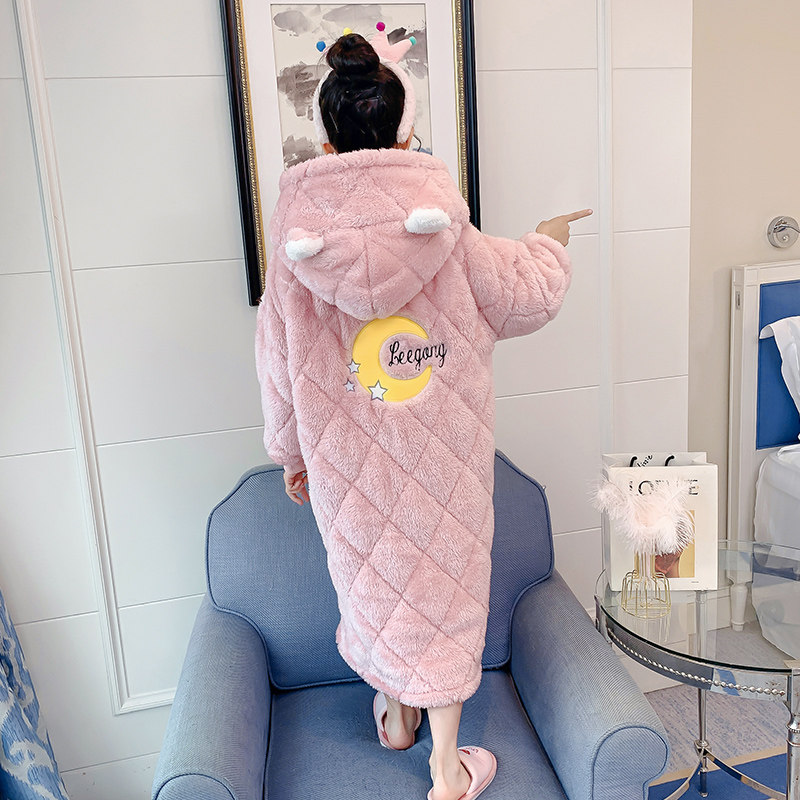 儿童睡袍秋冬季三层夹棉睡衣法兰绒加厚女童孩月亮保暖珊瑚绒浴袍