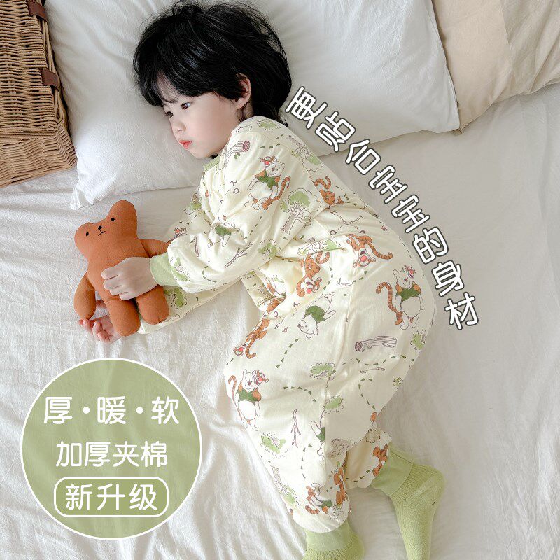 宝宝睡袋冬季加厚防寒纯棉儿童连体睡衣薄棉春秋防踢被秋冬款被子