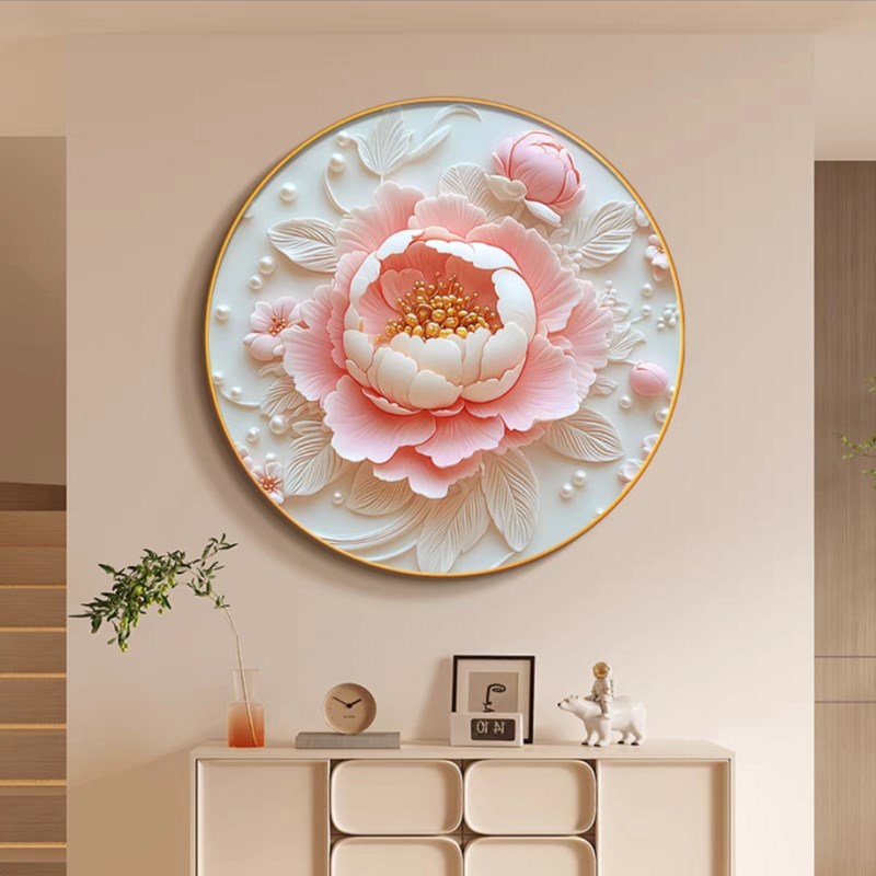 牡丹花圆形挂画奶油风客厅装饰画高级感玄关画花开富贵卧室床头画图片