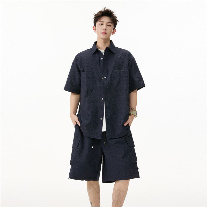 悟空有货夏季松弛感工装短袖衬衫休闲套装男女百搭五分短裤两件套