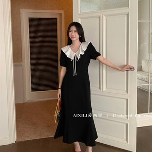 爱西里夏季新款法式复古荷叶领收腰鱼尾设计连衣裙百搭显瘦小黑裙