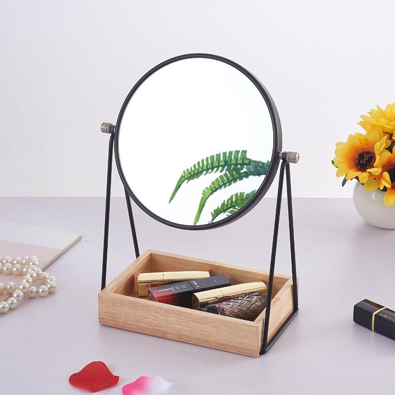 圆形收纳盒化妆镜镜子学生宿舍镜子办公室台式桌面梳妆镜网红超高