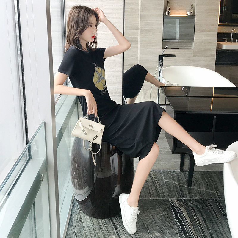 2021夏季新款时尚简约中长t恤裙女修身显瘦短袖过膝休闲连衣裙子